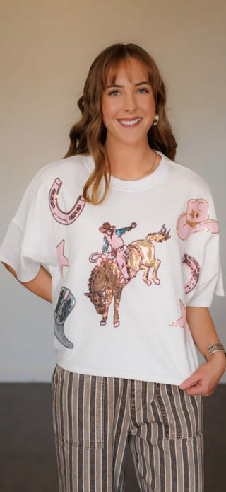 Howdy Hanny Dolman Sparkle Tee – Sequin Rodeo Graphic Western Top for Women