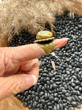 Chunky Green Turquoise Statement Ring with Crystal Halo – Rustic Brass Adjustable Band