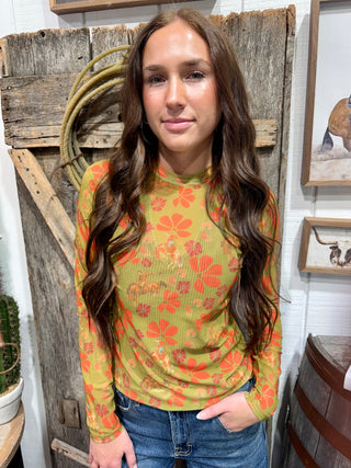 Prairie Bloom Olive Mesh Top