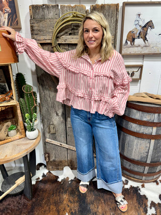 Pink Stripe Ruffle Blouse for Women | Boho Cowgirl Peplum Top