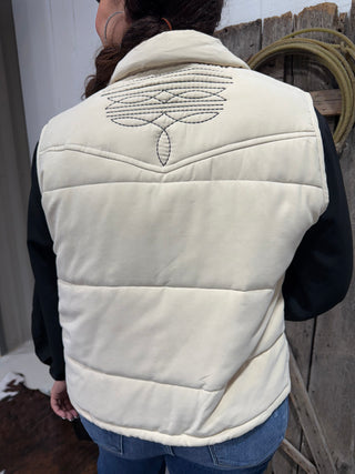 Cream Faux Suede Boot Stitch Western Puffer Vest
