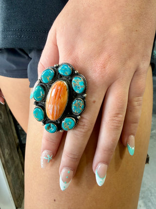Tibetan German Silver Orange Spiny Oyster & Turquoise Cluster Ring | Adjustable Statement Ring