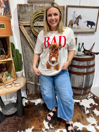 Western “Bad Ass” Donkey Graphic Tee – Rhinestone Donkey Shirt – Funny Cowgirl Graphic T-Shirt – Western Boutique Top