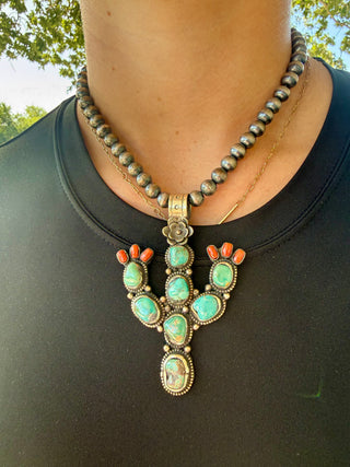 Turquoise & Coral Cactus German Silver Pendant