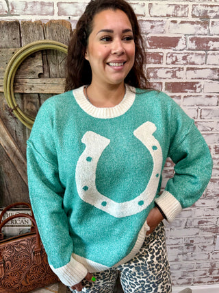 Lucky Charm Horseshoe Sweater- Turquoise