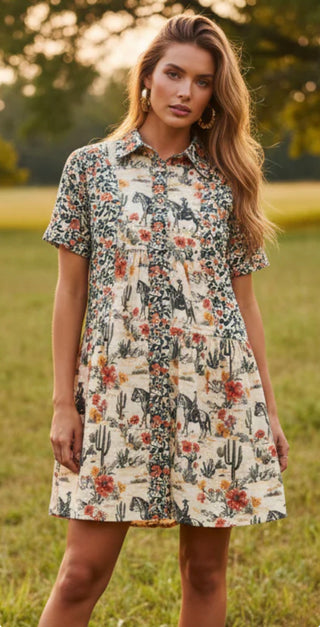 Floral Cowboy Print Shirt Dress | Western Button Down Dress with Horses & Cactus-Turquoise Haven