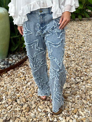 Star Patch Boho Denim Jeans | Loose Fit Frayed Star Wide Leg Jeans