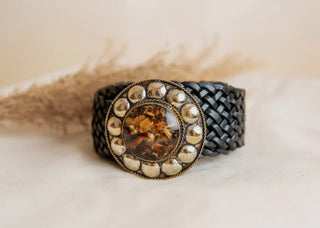 Braided Black Leather Belt with Amber Concho