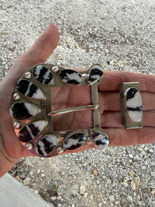 Custom White Buffalo Stone Statement Belt Buckle Set