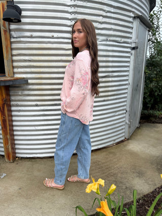 Full body Easel Pink Floral Thermal Top for Women | Waffle Knit Top with Elbow Patches