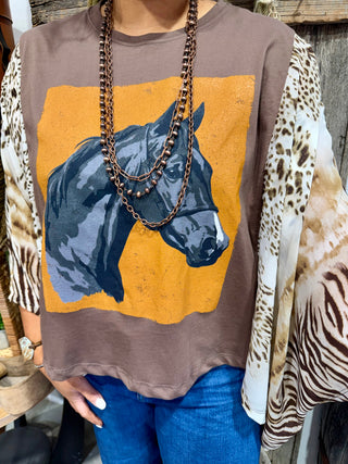 Mocha Wild Horse Graphic Top | Western Animal Print Scarf Sleeve Cowgirl Blouse