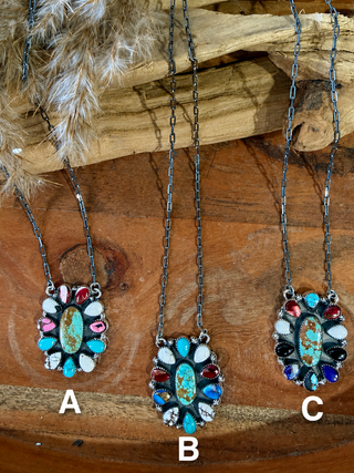 Sterling Silver Desert Mosaic Mixed Stone Cluster Necklace