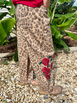 Side of Leopard Rose Barrel Pants for Women | Western Floral Wide Leg Cropped Jeans