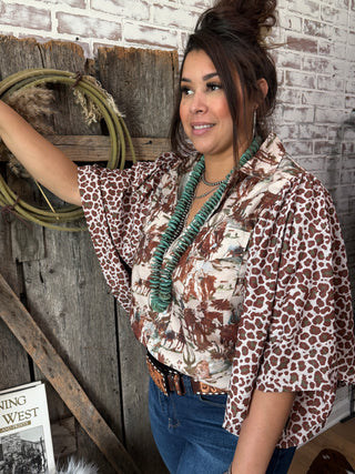 Western Rodeo Print & Leopard Bell Sleeve Cowgirl Pearl Snap Top