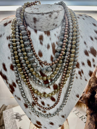 Multi-Strand Fluted Navajo Style Bead Necklace – Mixed Metal Western Statement-7 Strands