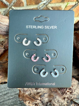 Sterling Silver Cubic Zirconia Tiny Horseshoe Stud Earring Set