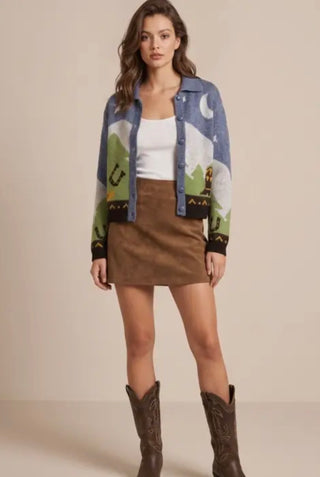 Western Cowboy Scenic Cardigan Sweater | Blue Multi Collared Button-Up Knit