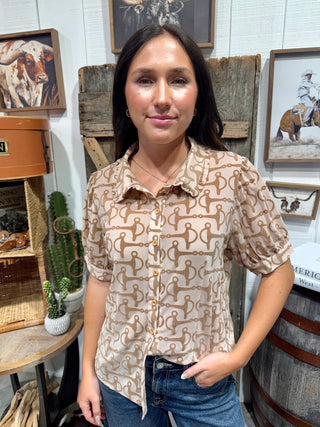 Taupe Snaffle Bit Mesh Button Top