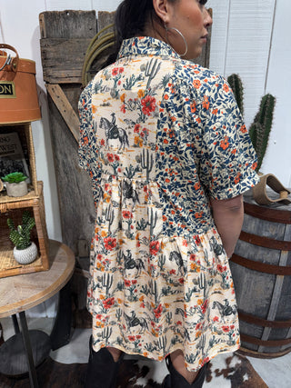 Floral Cowboy Print Shirt Dress | Western Button Down Dress with Horses & Cactus-Turquoise Haven