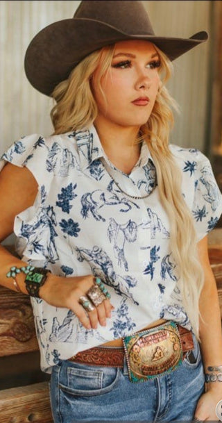 Western Sketch Print Ruffle Sleeve Blouse – Vintage Cowgirl Toile Top-Plus Size Too!