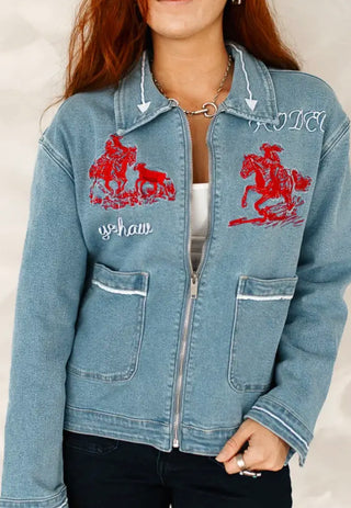 Ride ’Em Cowgirl Embroidered Stretch Denim Jacket