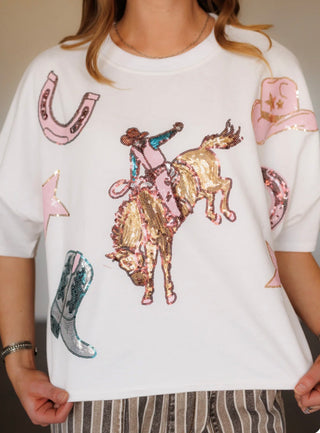 Howdy Hanny Dolman Sparkle Tee – Sequin Rodeo Graphic Western Top for Women