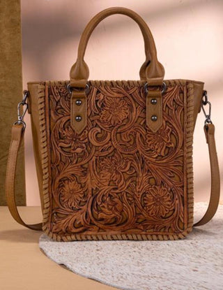 Trinity Ranch Floral Tooled Western Tote -Light Brown- Cognac