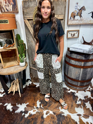 Leopard Patchwork Crochet Barrel Pants | Boho Wide Leg Cargo Pants