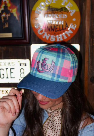 Pink & Teal Plaid Horseshoe Trucker Hat | Western Cowgirl Cap