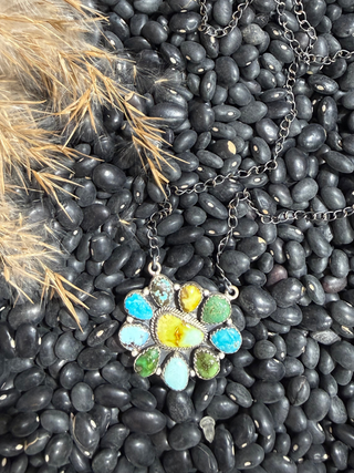 Mixed Turquoise Cluster Necklace | Sterling Silver Western Statement Jewelry- Palomino, Kingman, Golden Hills, Sonoran Gold Stones-001