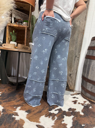 Blue Western Sketch Print Wide Leg Pants | Cowgirl Lounge Style