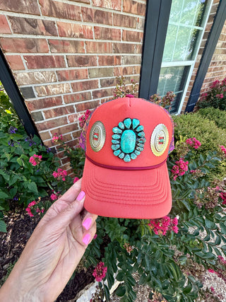 Coral Concho Trucker Hat | Western Turquoise Cluster Mesh Snapback