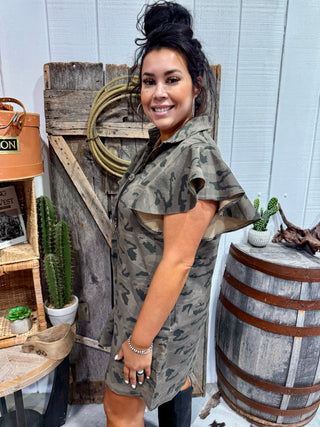 Side view Camo Flutter Sleeve Western Dress with Bolo Tie Detail- Plus Size Too!