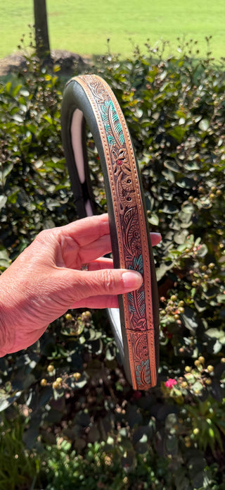 Western Tooled Leather Steering Wheel Cover with Turquoise Feather & Floral Design
