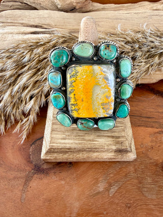 Bumblebee Jasper & Turquoise Statement Ring | Adjustable German Silver Southwestern Ring
