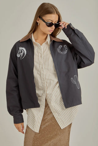 Lucky Rider Western Jacket – Black Embroidered Horse & Horseshoe Barn Jacket