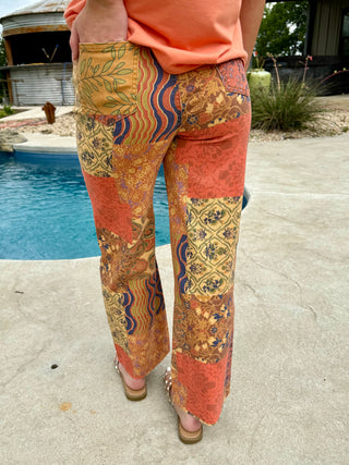 Autumn Patchwork Wide Leg Pants | Boho Vintage Print Cropped Trousers