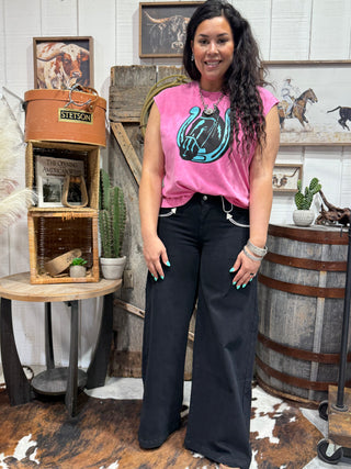 Howdy Hanny Black Wide Leg Smiley Jeans for Women – Western High Waisted Pants with White Stitch Detail