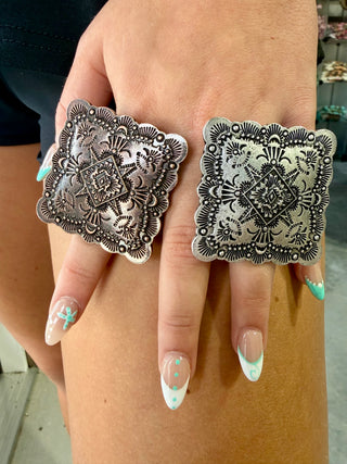 Large Western Concho Statement Ring – Adjustable Silver Boho Cowgirl Ring- 2 Colors