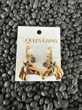 Gold Horse Head Charm Earrings | Western Cowgirl Dangle Earrings with Crystal Accent