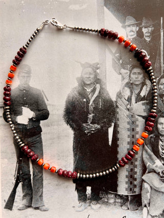 16" 3-6mm Graduated Sterling Silver “ Navajo Style”Pearls,Purple & Orange Spiny Oyster Choker