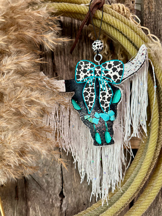 Cow Print Bow Longhorn Car Freshie with Turquoise & Fringe – Western Air Freshener