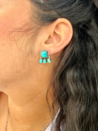 Sterling Silver Turquoise Square Stud Earrings with Cluster | Kingman Turquoise Earrings