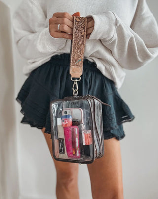 Clear Stadium Crossbody Wristlet with Tooled Leather Strap – Western Concert & Game Day Purse