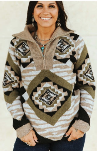 Western Aztec Quarter Zip Pullover Sweater – Cozy Neutral Brown & Black