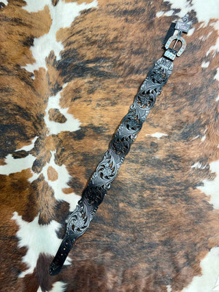 Black Turquoise Filigree Tooled Leather Wide Western Belt
