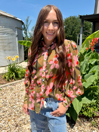 Olive Floral Desert Blouse for Women – Sheer Button Up Long Sleeve Boutique Top