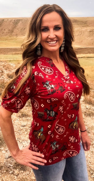 Western Ranch Rodeo Top for Women – Red Cowboy Print Blouse, Cowgirl Graphic V-Neck Shirt, Western Boutique Top