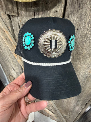 Turquoise Cluster Concho Black Trucker Hat