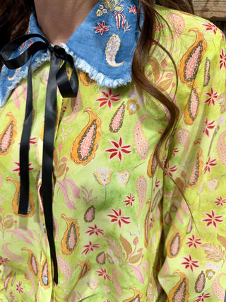 Lime Green Sheer Paisley Western Blouse